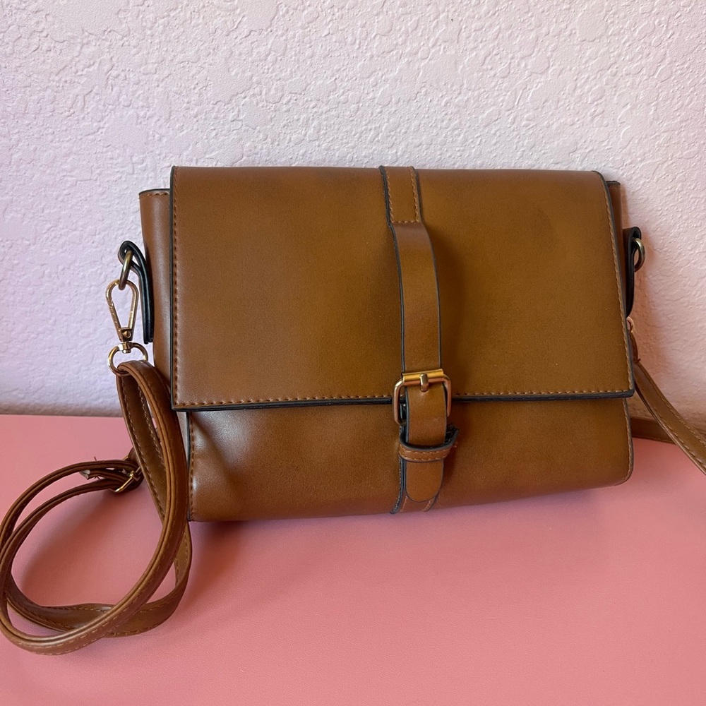 Brown Leather Buckle Front Flap Crossbody Bag